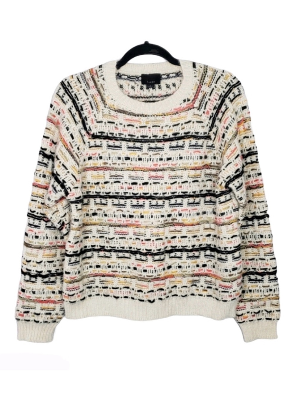 Lumiere Chunky Knit Ivory Striped Crew Neck Sweater M